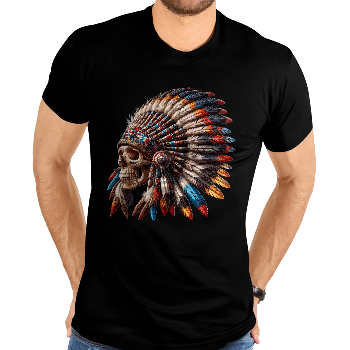 Native American T-Shirts, Vintage Native American Unisex T-Shirt/Hoodie/Sweatshirt HLT00 - Native American Indian Chief Skull Motorcycle Headdress T-Shirt (3)