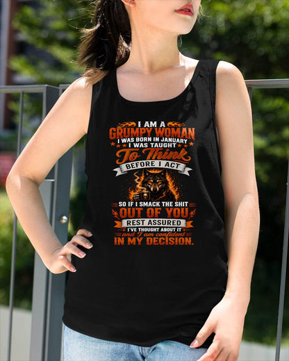 JANUARY - I AM A GRUMPY WOMAN - FUNNY SARCASTIC WOLF GRAPHIC T SHIRT - PERFECT GIFT FOR WOMEN - DTSM01 (SKU2608-150-01)