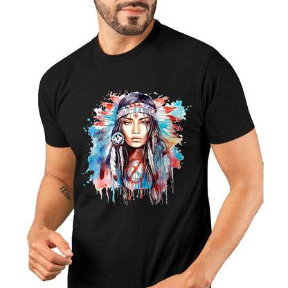 Native American T-Shirts, Vintage Native American Unisex T-Shirt/Hoodie/Sweatshirt HLT00 - Native American day indigenous girl with feathers T-Shirt (1)