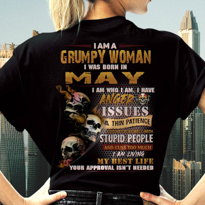 May - Grumpy Woman T-Shirt – Anger Issues Skull Design - Birthday Gift For Woman - DTSM05 (SKU09-25-05)