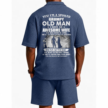 APRIL - GRUMPY OLD MAN WAFFLE POLO SHIRT & SHORTS SET - M14 – AWESOME WIFE GIFT FOR HUSBAND - DTSM04 (SKU2607-140-04)