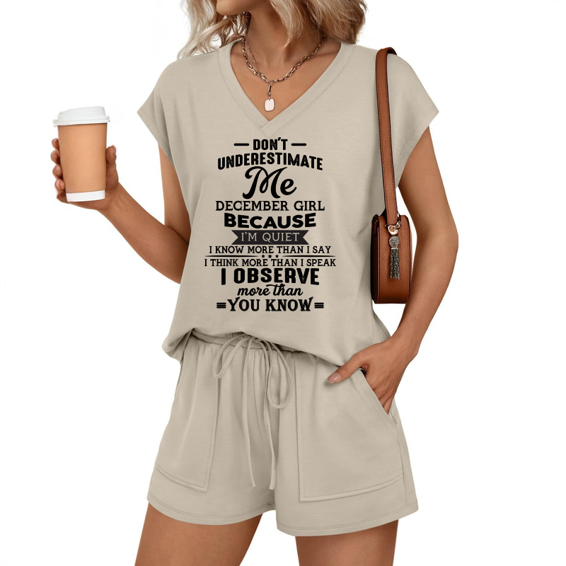DECEMBER - DON'T UNDERESTIMATE ME I OBSERVE MORE THAN YOU KNOW- V-NECK SHORT-SLEEVED SHIRT AND SHORTS SET FOR WOMEN A09-762 DTSM12 (SKU2607-41-12)