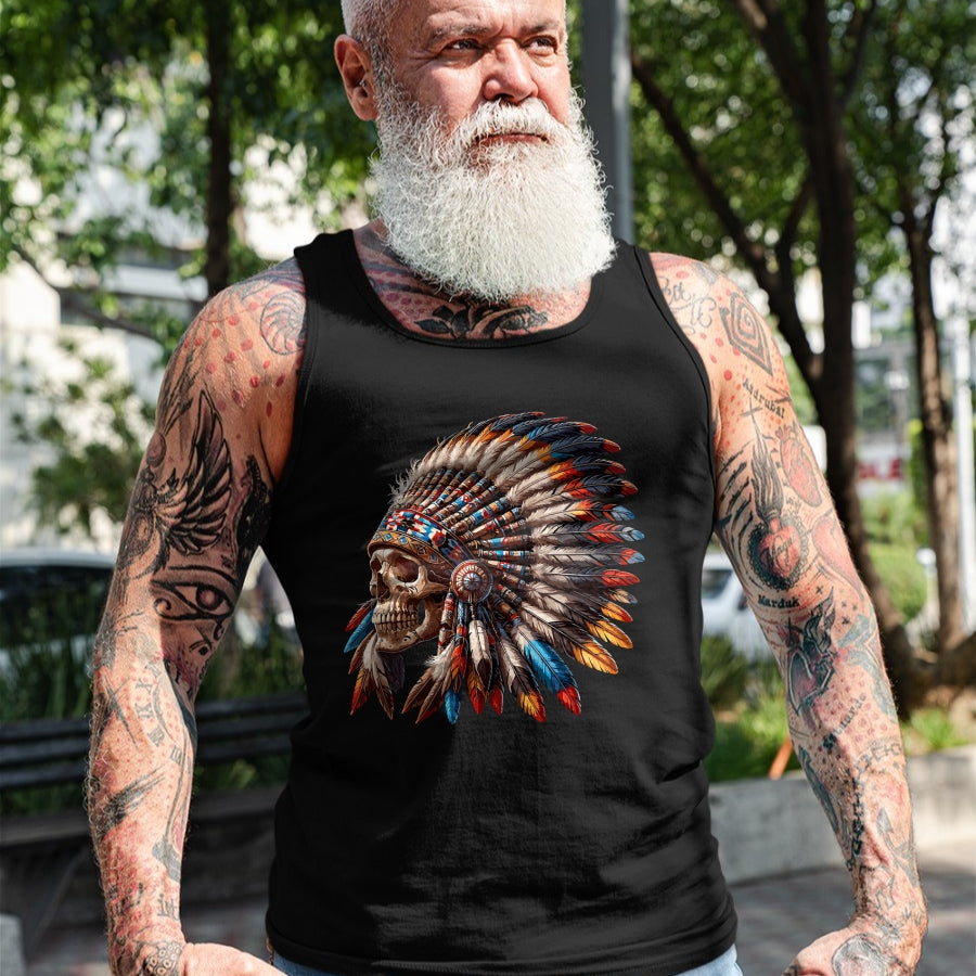 Native American T-Shirts, Vintage Native American Unisex T-Shirt/Hoodie/Sweatshirt HLT00 - Native American Indian Chief Skull Motorcycle Headdress T-Shirt (3)