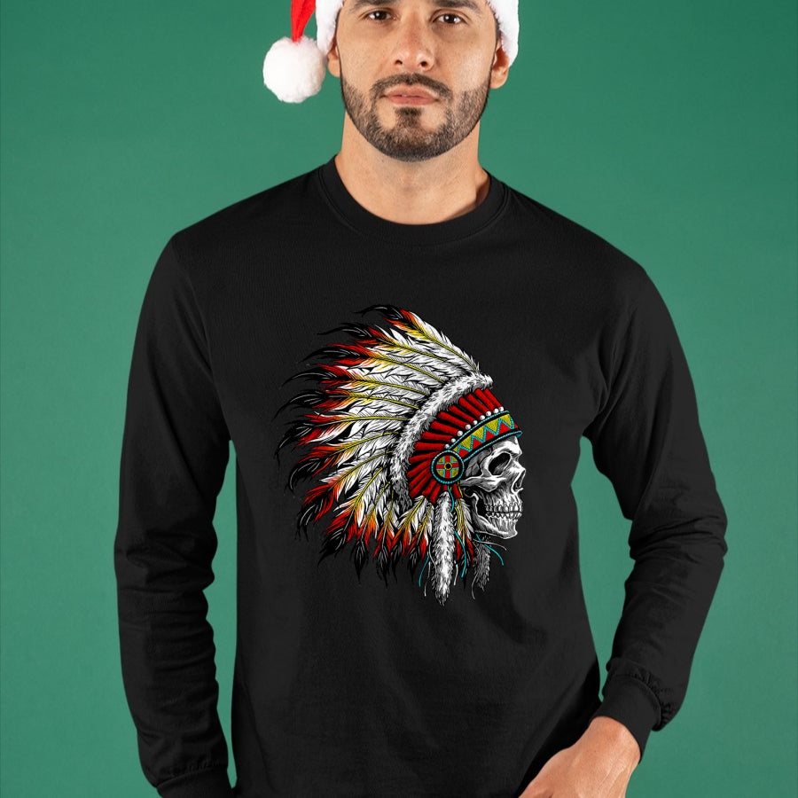 Native American T-Shirts, Vintage Native American Unisex T-Shirt/Hoodie/Sweatshirt HLT00 - Native American Indian Chief Skull Motorcycle Headdress T-Shirt (1)