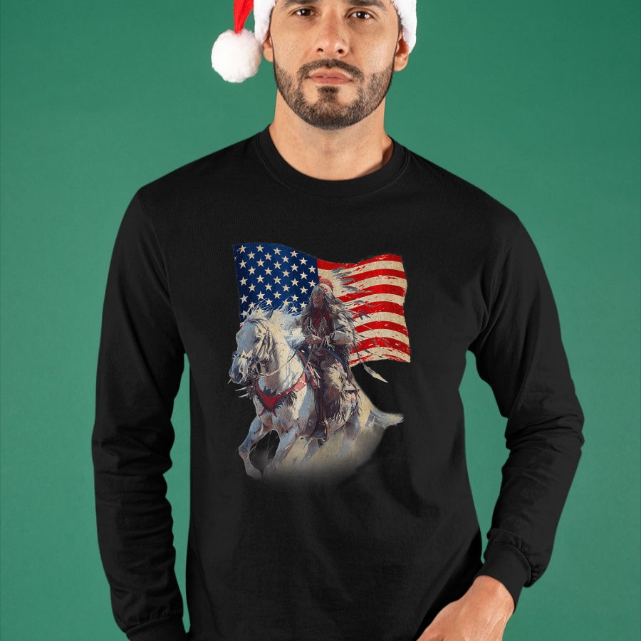 Native American T-Shirts, Vintage Native American Unisex T-Shirt/Hoodie/Sweatshirt HLT00 - Native American Day Flag Indian Riding Horse 4th of July T-Shirt (1)