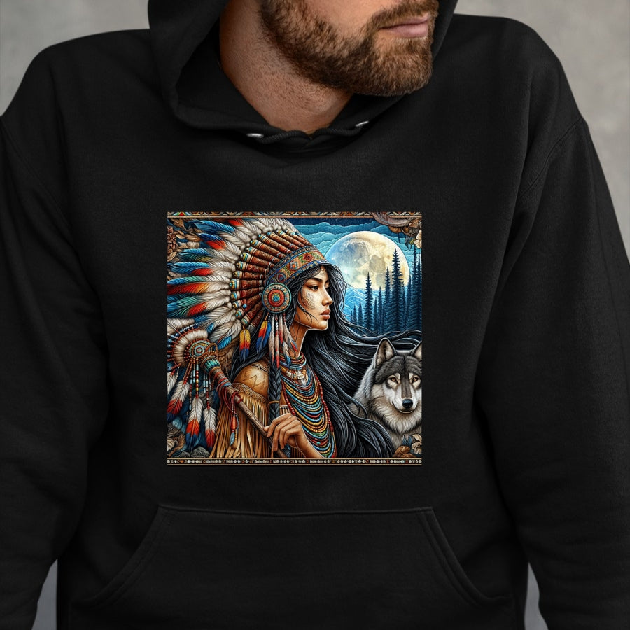 Native American T-Shirts, Vintage Native American Unisex T-Shirt/Hoodie/Sweatshirt HLT00 - indian native american woman with white wolf vintage gifts T-Shirt (1)