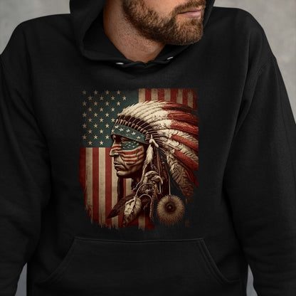 Native American T-Shirts, Vintage Native American Unisex T-Shirt/Hoodie/Sweatshirt HLT00 - Native American Indian Chief American USA Flag T-Shirt (1)