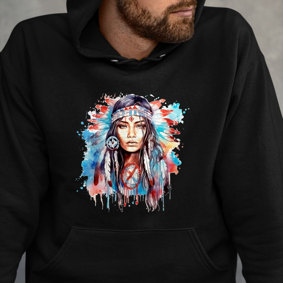 Native American T-Shirts, Vintage Native American Unisex T-Shirt/Hoodie/Sweatshirt HLT00 - Native American day indigenous girl with feathers T-Shirt (1)
