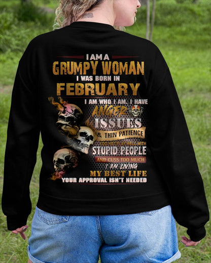 February - Grumpy Woman T-Shirt – Anger Issues Skull Design - Birthday Gift For Woman - DTSM02 (SKU09-25-02)