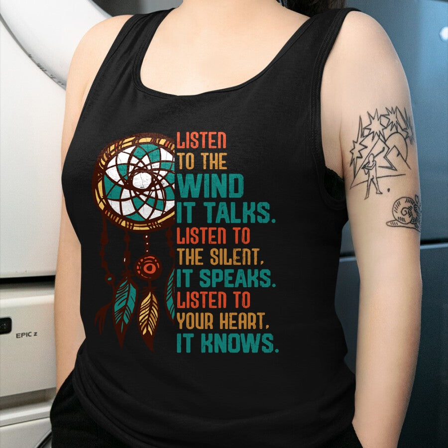 Native American T-Shirts, Vintage Native American Unisex T-Shirt/Hoodie/Sweatshirt HLT00 - Listen To The Wind It Talks Fun Native American Day Graphic Long Sleeve T-Shirt (1)