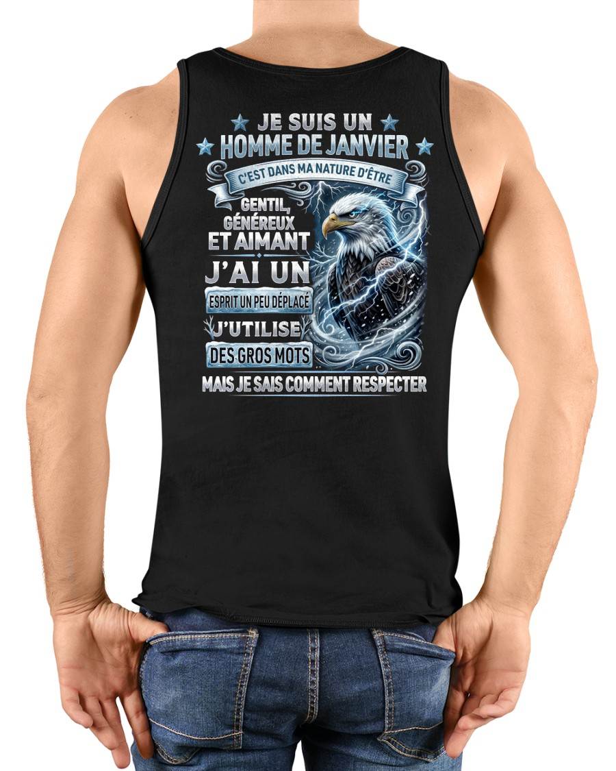 JANVIER - ESPRIT MALICIEUX MAIS SAIT RESPECTER - T-SHIRT ANNIVERSAIRE HOMME - IMPRESSION DTG PREMIUM - DTSM01 (SKU2604-86-01)