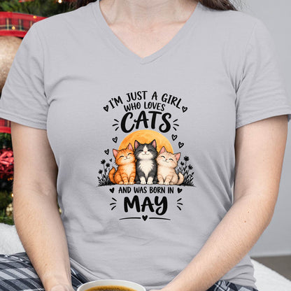 MAY - I'M JUST A GIRL WHO LOVES CATS AND WAS BORN IN MAY CAT LOVER SHIRT - T-SHIRT FOR WOMEN - DTSM05 (SKU2609-324-05)